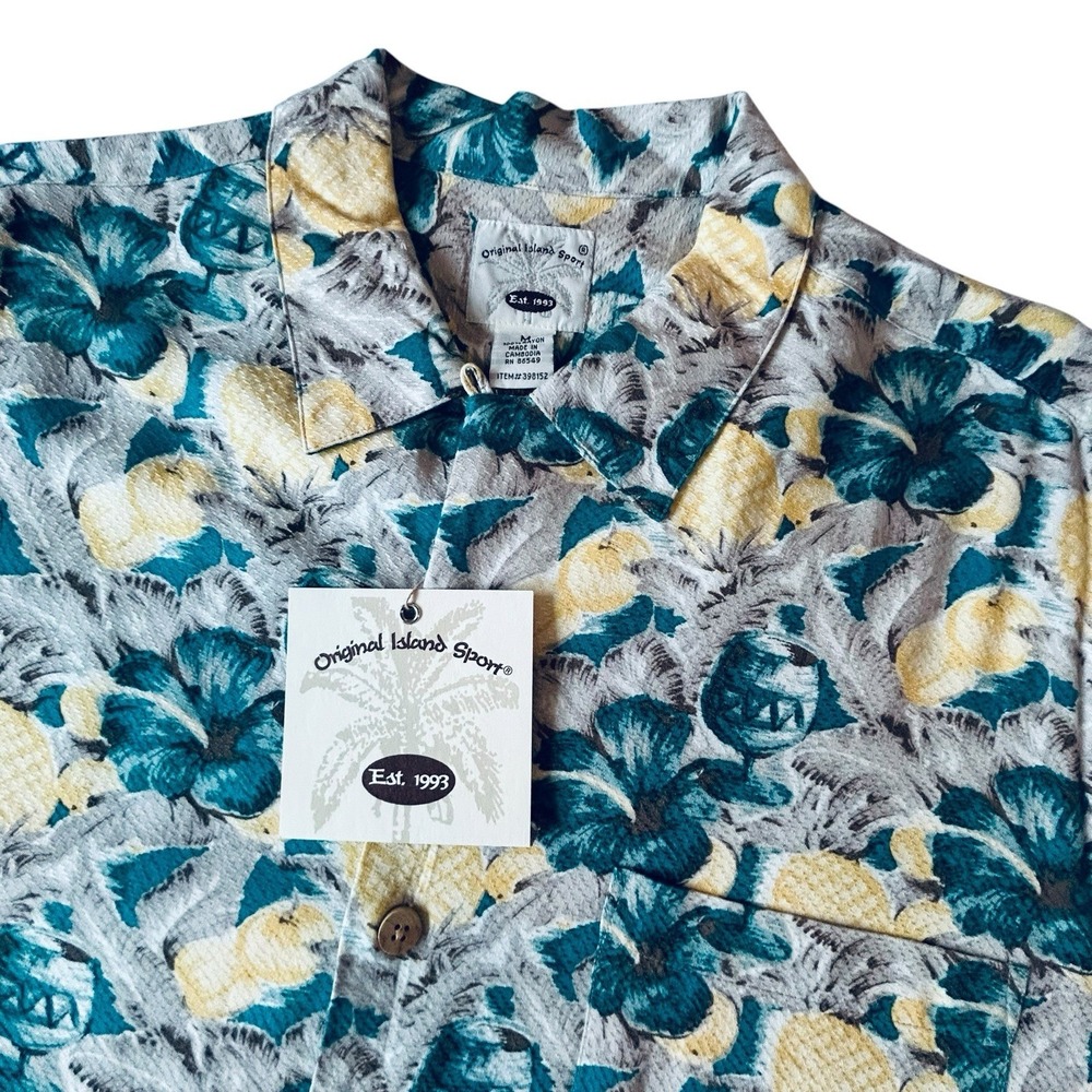 Original Island Sport Hawaiian Shirt Mens Medium Gray Blue Pineapple Floral NWT